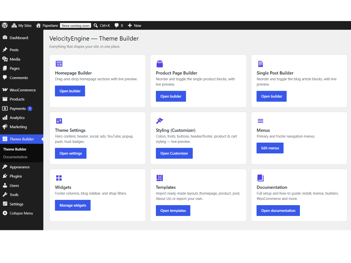VelocityEngine Theme Builder admin — Homepage, Product and Single Post builders in one place